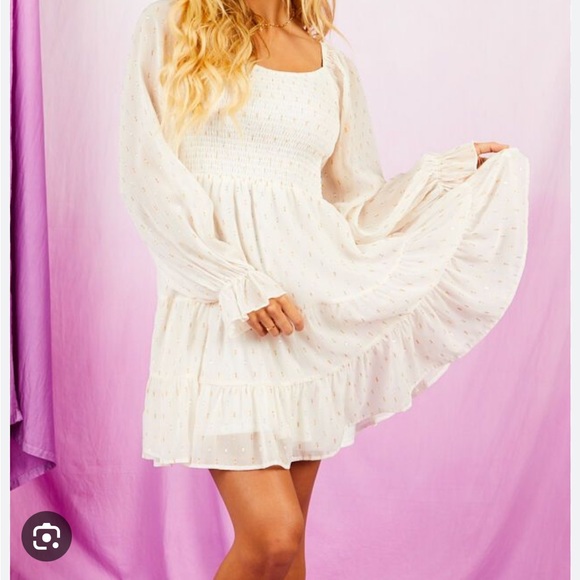 Altar'd State Dresses & Skirts - ALTAR’D STATE OISIN WHITE SMOCKED LONG SLEEVE DRESS